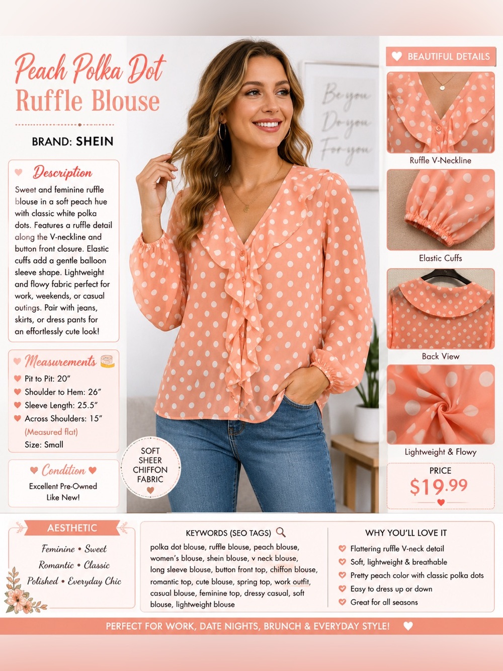 Shein Peach Polka Dot Ruffle Blouse - Picture 1 of 8